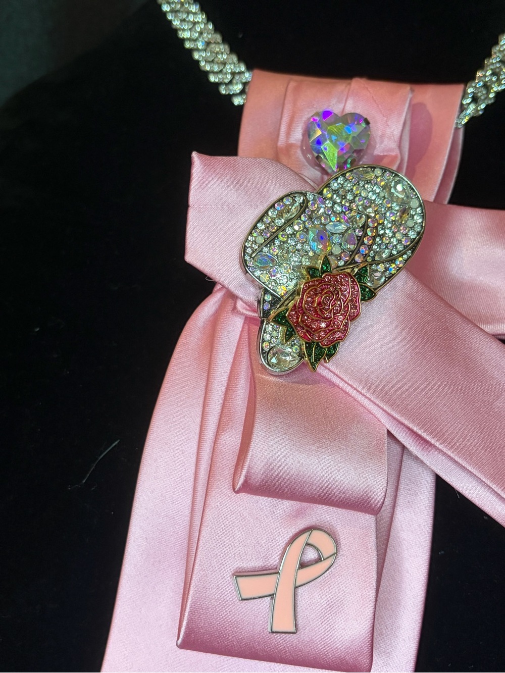 Pink Ribbon Crystal Rose Pendant Necklace - Women Jewelry